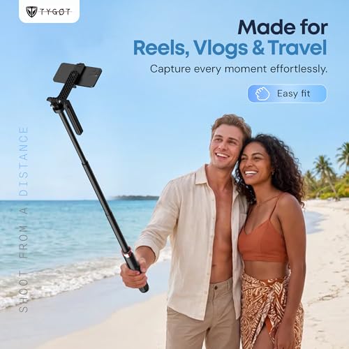 Image of Tygot T-185 Selfie Stick 68 inch (172 cm) for Mobile with Tripod Stand, Detachable Bluetooth Remote, 360 Rotating Head, Adjustable Phone Holder, Extendable Selfie Stick for Photography & Vlogging