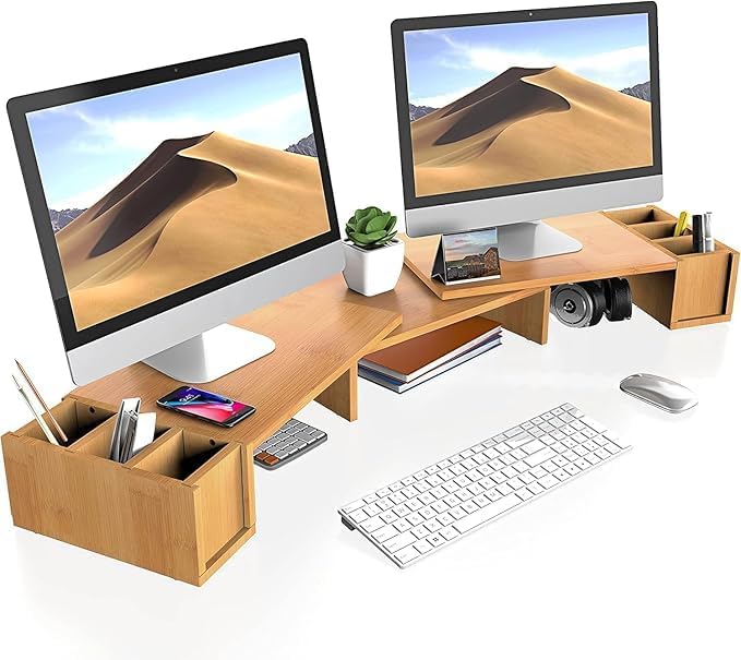 Image of Wooden Monitor Stand Riser with Storage Compartment and Lockable Storage Drawer Stand | Adjustable Desktop Organizer for Computer, Flax, Laptop & Printer (Wooden Monitor Stand 3 Screen)
