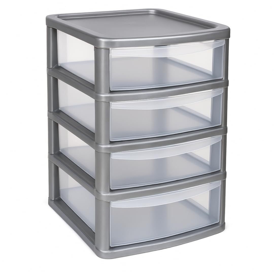 A4 PLASTIC STORAGE DRAWERS DRAW TOWER UNIT OFFICE DESKTOP TABLETOP HOME SCHOOL GARAGE MODULAR & PORTABLE DRAWERS OFFICE DESK ORGANIZER SLIM A4 SIZE 2|3|4|6|8 TIERS (Sliver/Clear, A4 Slim 4 Drawers) — image 1