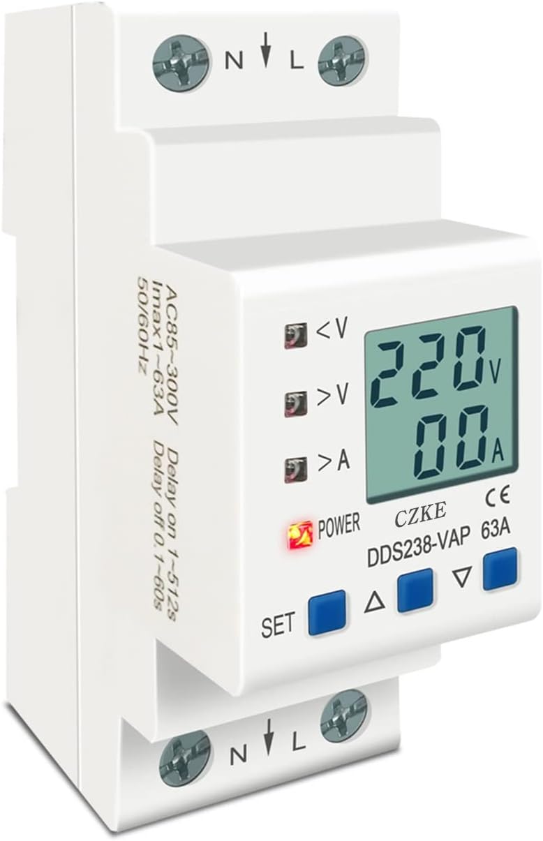 Din Rail Adjustable Over Under Voltage Protective Device Protector Current Limit Protection Voltmeter Kwh 63A 80A 110V 230V (Color : 63A Top Input)