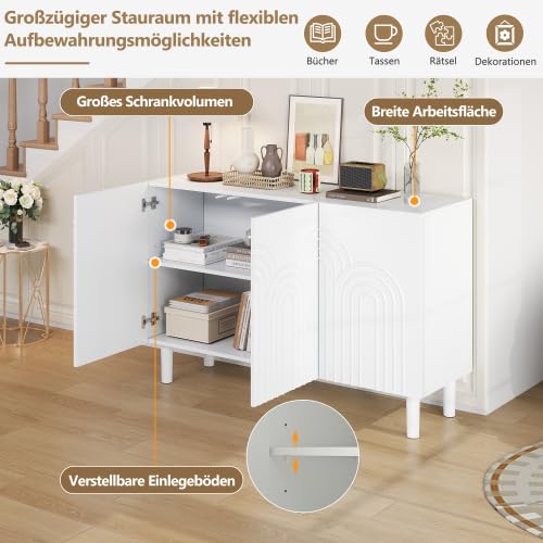 vutizal 3 Türen Sideboard Weiß mit verstellbaren Fächern, Aufbewahrungsschrank MDF strukturiert, 5 Ebenen Kommode für Wohnzimmer & Flur, 120x39x79 cm