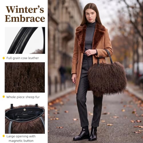 Image of Women Luxury Real Lamb /Mongolian Flush Wool Fur With Genuine Leather Handles Handbag