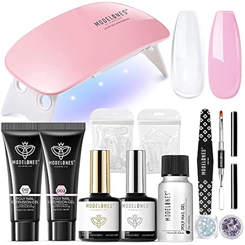 Modelones Poly Nail Gel Kit (15ML) Starter with U V Light 6W LED Nail Dryer Lamp, 2 Colors Clear & Pink Gel Nail Extension Tips Kit with Top and Base Coat Natural Skin Tone Essential Manicure Tool Cover