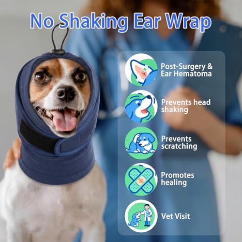 Image of MIGOHI Small Dog Ear Muffs Lightweight, Calming Hoodie for Fireworks & Thunderstorms, No Shake Ear Wrap Dog Hematoma, Soft Adjustable Head Cover for Dogs Bath Grooming, Chihuahua Yorkie, Blue S
