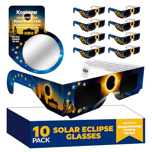Solar Eclipse Glasses AAS Approved 2026, (10 Pack) CE and ISO Certified Eclipse Observation Glasses, Safe Shades for Direct Sun Viewing, Bonus Smartphone Photo Filter Lens, Flag Design