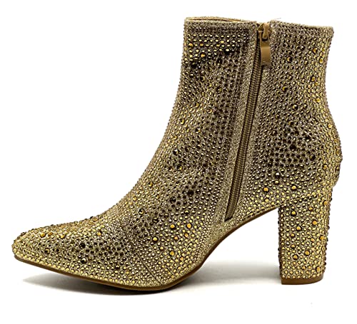 Women Rhinestone Block Chunky Heel Ankle Bootie Iceberg 12 By Forever shoes Gold Size 8.52