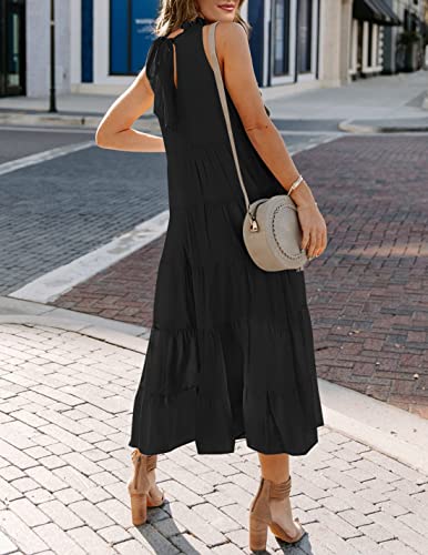 Image of HAEOF Women's Summer Sleeveless Halter Midi Maxi Dress Casual Loose Fit Pleated Tiered Flowy Beach Vacation Long Sundress
