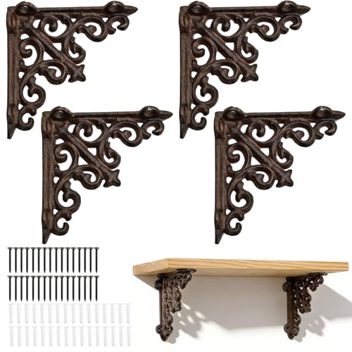 SOUJOY 4 Pack Cast Iron Shelf Brackets, 4 Inch Small Rustic L Shaped Bracket Heavy Duty 220Lbs, Antique Style Decorative Bracket with Hardware for Bookshelf Wall Mount, DIY Floating Shelves Support