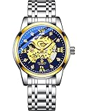 MG.ORKINA Mens Skeleton Luxury Mechanical Self-Wind Watches Automatic Hollow Business Stainless Steel Band Large Dial Rhinestone Scale Chronograph Wrist Watch, Silver Bands Blue dial