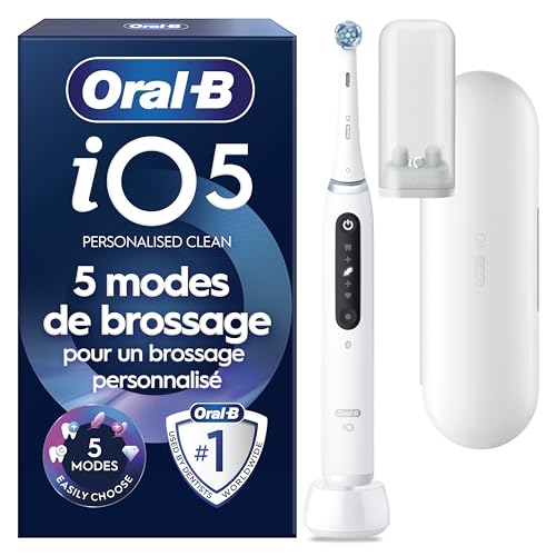 Oral-B Brosse A Dents Electriques iO 5 Blanche, 5 Modes De Brossage Dont Blancheur, Capteur De Pression Sur Les Gencives, Brossettes De Rechange Oral B, Etui De Voyage