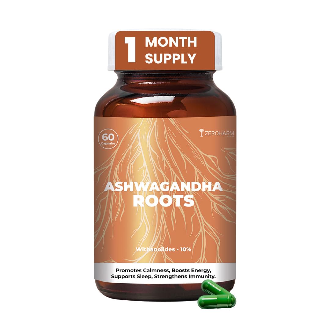 [BRSROCYKAQNQIHL6] ZEROHARM Nano Ashwagandha Root Capsules with 10% Withanolides | Pure Root Extract | Supports Stress Relief, Deep Sleep & Natural Focus, Strength, Clarity | Adaptogenic for Men & Women | 60 Capsules