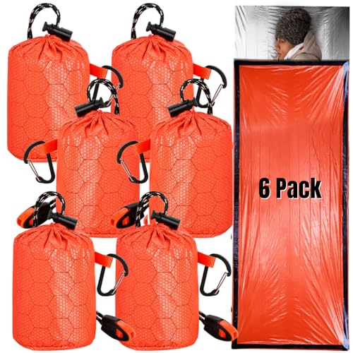 6 Pack Emergency Survival Sleeping Bags, Thermal Bivy Sack Blanket, Lightweight Portable Nylon Sack with Whistle, Aluminized PE Survival Gear Supplies for Camping Hiking, Outdoor Adventure