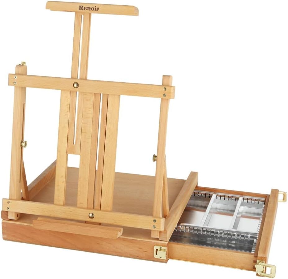Creative Mark Renoir Large Table Top Art Easel & Sketchbox - Portable Lightweight Art Easel with Metal Lined Storage Drawer with Dividers for Painting - Natural Beechwood Finish - Ideal for Artist