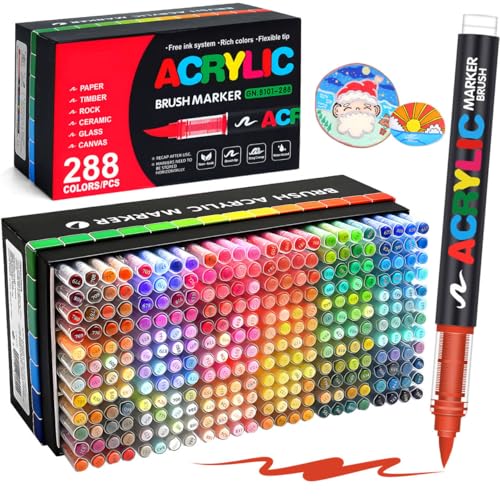 288 Colores de Rotuladores Acrílicos para piedras Resistente al Agua, Acrylic Markers con Punta de Pincel, Paint Markers Ideales para Pintar Piedras, Porcelana, Vidrio, Lienzo, Cerámica(288)