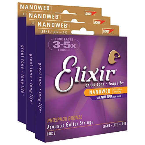 3 Sets Of Elixir 16052 Phosphor Bronze Light Acoustic Guitar Strings (12-53W) Na #TOP2