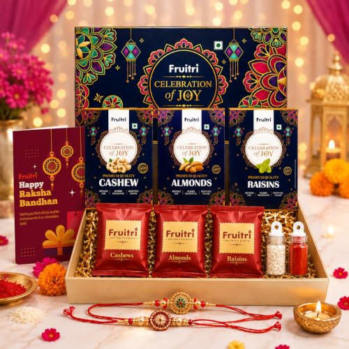 Image of Fruitri Premium Rakhi Gift Hamper for Brother with Almonds, Cashews & Raisins - 300g, 2 Rakhis, Roli Chawal & Greeting Card, Ready-to-Gift Raksha Bandhan Gift Box