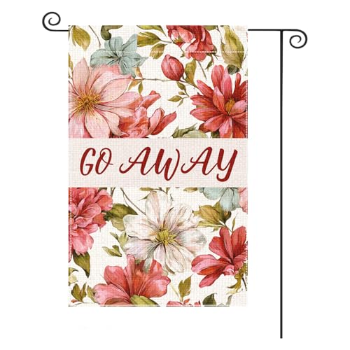 Image of Funny Floral Flower Pattern Go Away Decorative Garden Flag For Outside Yard Outdoor Decoration Double Sided 12" X 18"