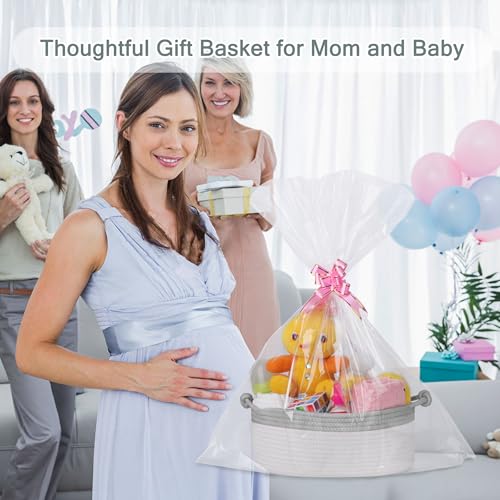 Image of COMSE Small Gift Basket Empty with Bag & Ribbons, Cool Gray & White