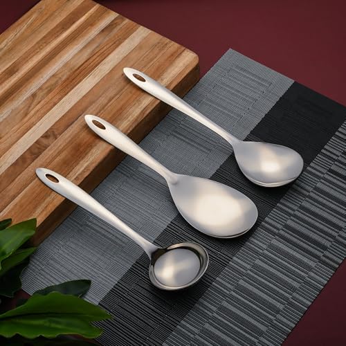 Image of Montavo by FnS 3 Pieces Stainless Steel Serving Tools Set | 1 Rice Spoon, 1 Soup Ladle (Karchi) & 1 Veg Serving Spoon | Premium Serving Utensils for Home, Kitchen, Dining, Restaurant & Hotel