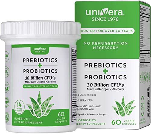 Univera Probiotics and Prebiotics 30 Billion CFUs -14 Strains, Digestive Enzymes for Adults Men & Women - Probiotics Lactobacillus Acidophilus - Digestive Health Capsules, Vegan, AloeBiotics, 60ct. 