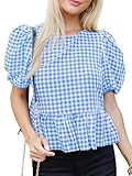 Cicy Bell Womens Puff Sleeve Gingham Blouse Summer Ruffle Peplum Babydoll Tops Cute Plaid Cotton Shirts Sky Blue