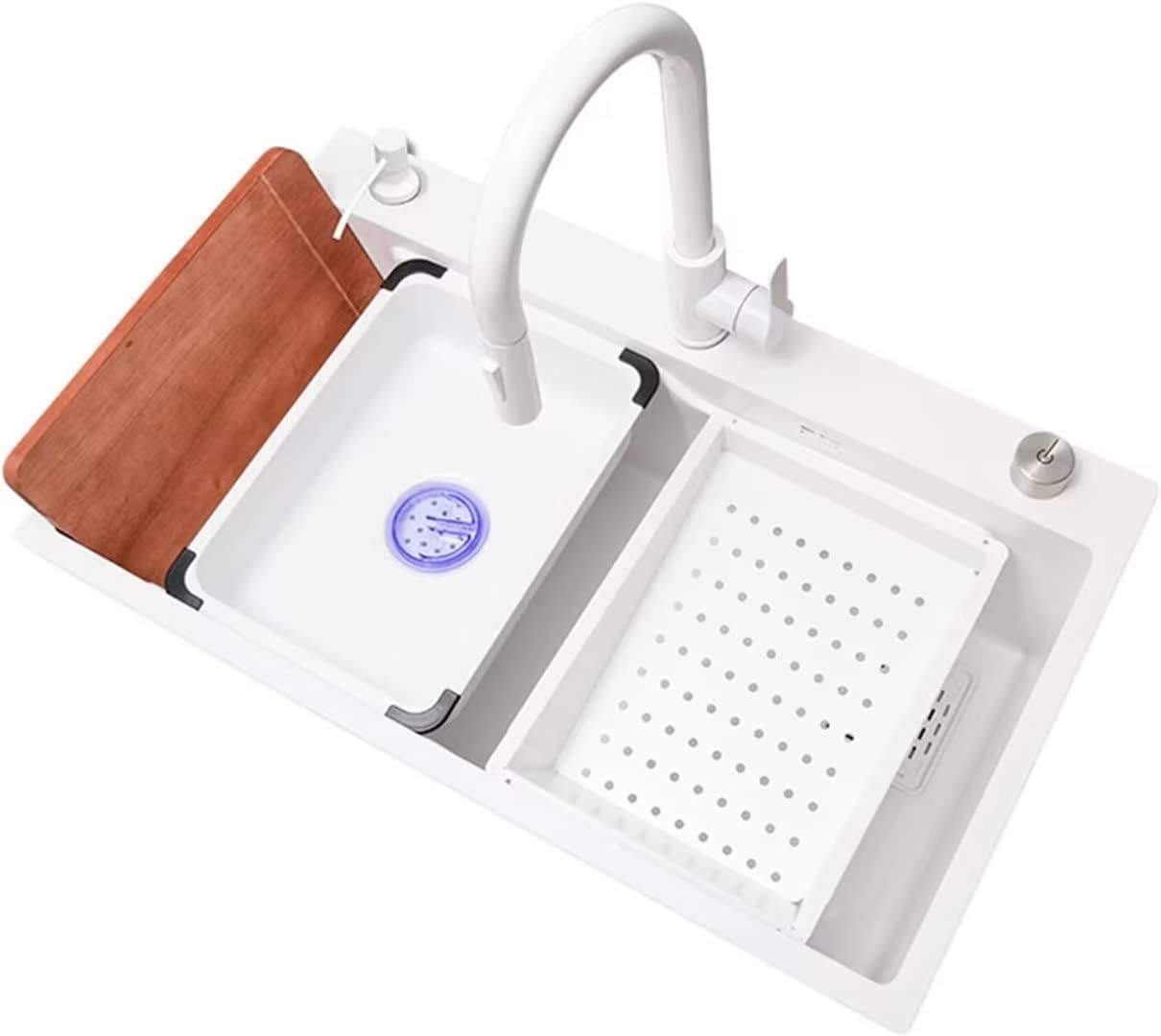 White Nano 304 Stainless Steel Kitchen Sink with Digital Waterfall Faucet