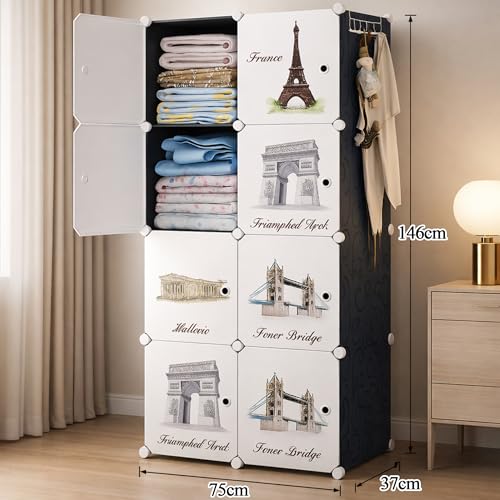Image of AYSIS 𝟖 𝐋𝐚𝐲𝐞𝐫 Plastic Wardrobe for Kids Clothes | Foldable Almirah Clothes Storage Cabinet with 4 Doors | Space Saving Organizer for Clothes, Kitchen, Bedroom & Living Room - Black