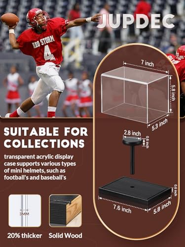 Image of JupDec Mini Helmet Display Case, Acrylic Clear 1 /2 Football Baseball Helmet Showcase, UV Protection Collectibles Box with Solid Wood Base & Riser, Ideal Gift for Sports Fans, Black,2 Pack