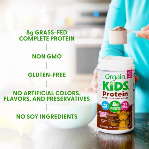Image of Orgain Kids 8g Grass-Fed Dairy Protein Powder, Chocolate Brownie, 1lb | Powder shake mix, 4g fiber, 23 vitamins & minerals, gluten free, no soy, adds nutritents to snacks, for shakes & smoothies
