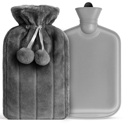 2-Liter Wärmflasche – Grau Wärmflasche mit Bezug, Plüsch-Wärmekissen für Regelbeschwerden, Nacken- und Schulterschmerzen, für Kinder, Erwachsene oder als Geschenk
