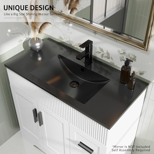 Image of eclife 36 inch Bathroom Vanities Sink Combo with Painted Surface, Modern Drawered Cabinet W /Decorative Wave Lines, Undermount Black White Sink, Matte Black Faucet Drain, White