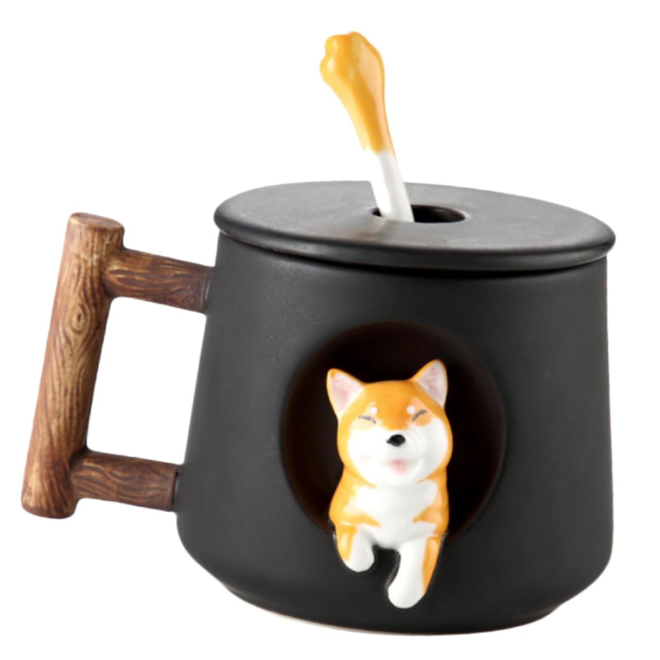 SOIMISS Keramiktasse mit Deckel und Löffel in Schwarz Tasse Kaffee und Tee für Zuhause und Büro Komfortabel zu Greifen und Leicht zu Reinigen