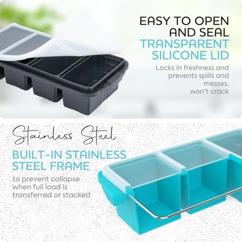 Image of Silicone Freezer Tray With Lid-Soup Freezer Container molds-Large Ice Cube Tray Set Makes 1-Cup & 2-Cup portions cubes Perfect for preparing meals in different portion sizes Oven & Dishwasher -Safe