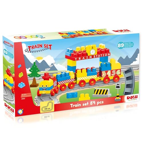 DOLU: Train Set - 89 Pcs - Blocks Assembly Station & Tracks, Yellow-Red-Blue, Push Train, Interactive Brick Building Toy, Toddler & Kids Ages 18mo+