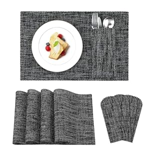 Table Mats Set of 4, Heat Resistant Non-Slip Place Mats for Dining Table, Washable Durable PVC Vinyl Woven Placemats, Cutlery Pouch,Kitchen Table Mat Indoor Outdoor Decor (Dark Grey)