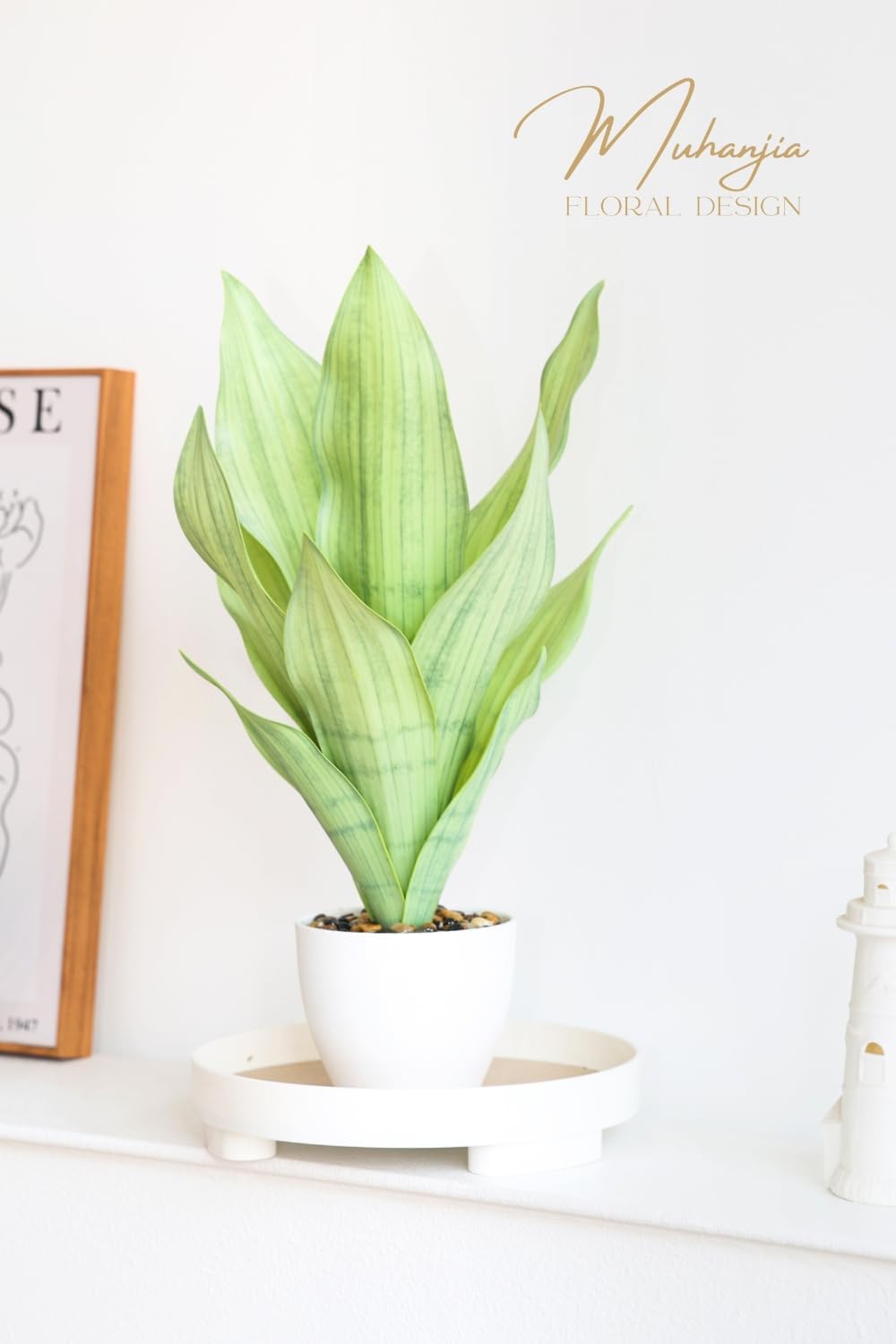 17" Artificial Snake Plant Potted,Fake Sansevieria Floor Plant Real Looking with White Planter for Centerpiece Home Decor (White&Green) - Image 5