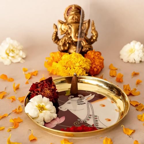 Image of Klassic 8 Inch Brass Pooja Thali, Traditional Auspicious Handcrafted Designed Bhog Plate for Puja Ghar Home Office Mandir Diwali Wedding Return Gift Items (Pack of 1, Golden)
