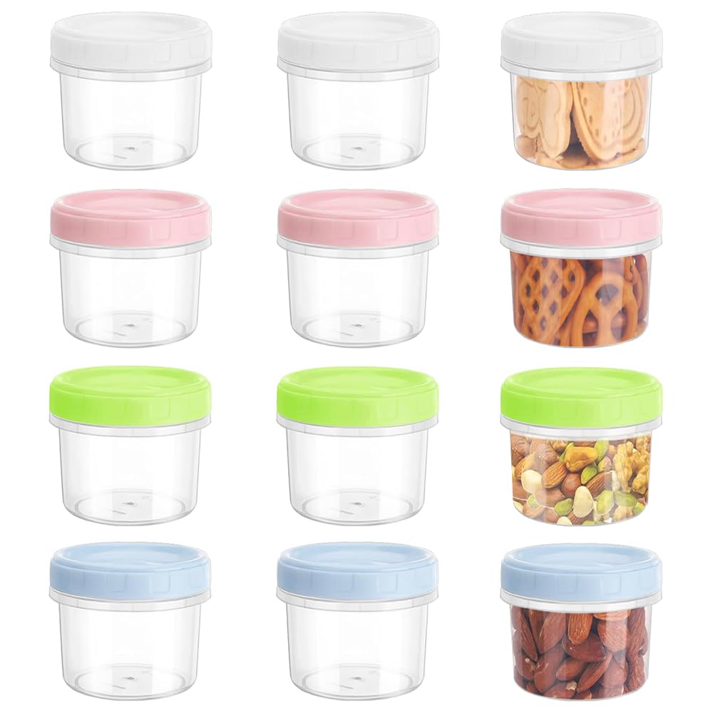 lbxtswpl Small Food Containers with Lids, 12PCS Small Food Containers, 8oz /250ml Round Stackable Plastic Food Container Set for Lunch Yoghurt Snack Microwave Freezer(Pink/Green/Blue)