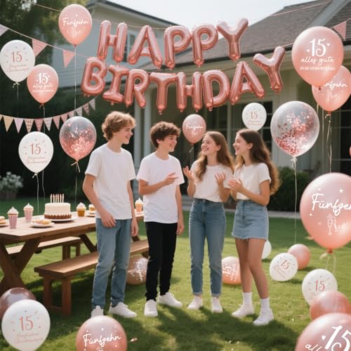 Luftballons 15 Jahre Geburtstag, 24 Stück Deko 15. Geburtstags Mädchen, 15 Alles Gute zum Geburtstag Ballons, Roségold 15. Geburtstagsdeko, 15th Birthday Ballon für Tochter
