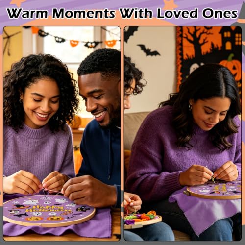 Image of Louise Maelys Halloween Pumpkin Embroidery Kit for Beginners DIY Craft | Cross Stitch Kits for Halloween Crafts, DIY Needlepoint Kit Includes Pre-Printed Fabric, Hoop, Threads, Needles and Guide