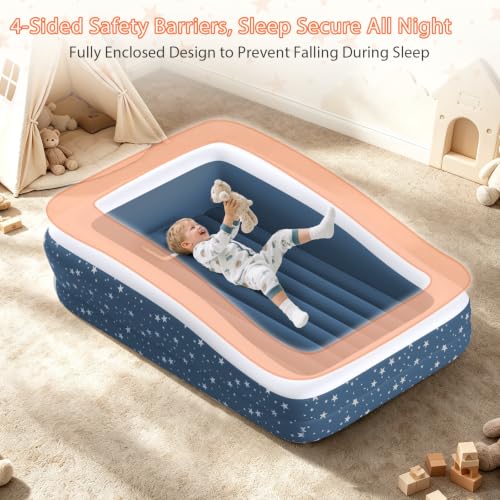 Image of Inflatable Toddler Bed for Travel Safety Guard Rails 300lb Capacity Blue | 360 Safety Rails prevent rolling. 20s fast inflation. Puncture-resistant PVC. Skin-friendly flocking. Ideal for travel