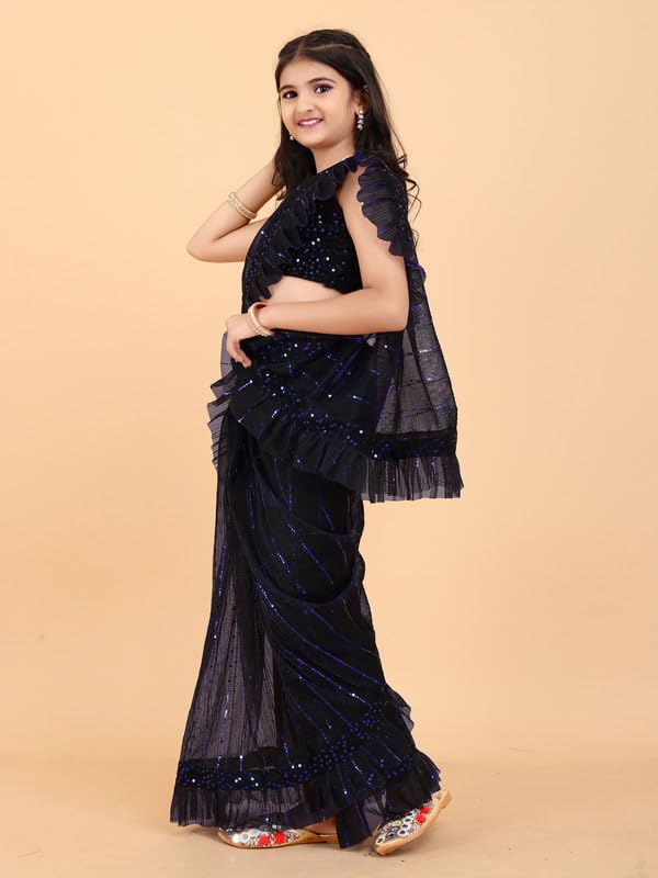 Image of Kids Supernet Tikli Work Ready to Wear Saree with Unstitched Blouse Piece | Traditional Ethnic Saree for Girls | Pre Stitched Festive Dress for School Function, Cultural Events & Wedding