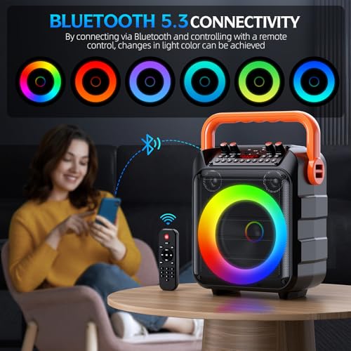 Karaoke Machine with 2 Wireless Mics,Portable Bluetooth Speaker & TWS Mode, 20W HD Sound with 6 Light Effects for Home/Outdoor/Gifts – 10H Playtime, AI Voice Changer (Orange) - Image 5