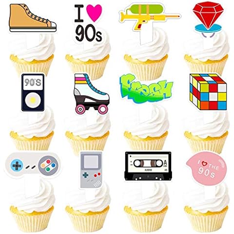 90s Cupcake Topper 1990s Retro Theme Decor Picks for 90's Decade Throwback Party Decorations Supplies 48pcs Cover