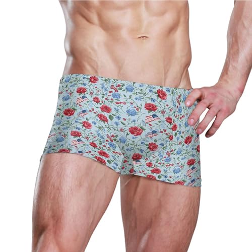 July 4th Independence Day American Flag Rose Mens Swim Trunk Swim Brief Square Leg Board Short S B04046033