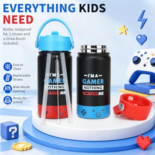 Image of Kids Insulated Water Bottle with Straw Lid, 14oz Double Wall Vacuum Stainless Steel Tumbler, Leak Proof Reusable Metal School Cup for Boys Girls, Keep Cold 24H Hot 12H (Blue-Red-I M A（Pack 2）)