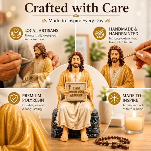 Image of Jesus Christ Statue, Handcrafted & Hand-Painted Resin Figurine with I Am with You Always Plaque, Christian Home Decor, Christian Gift for Home, Office & Prayer Room