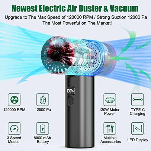 Compressed Air Duster & Vacuum,120000Rpm Electric Keyboard Cleaner For Office Computer Replace Canned Air Blower, Cordless Duster Can With 8000Mah Rechargeable For Laptop,Pc,Car #TOP1