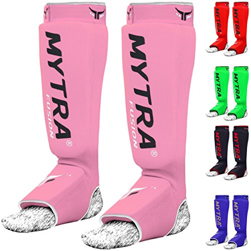 Mytra Fusion Shin Pads Instep Protector Kick Boxing Muay Thai Training Elasticated Shinpads (Pink, L/XL)