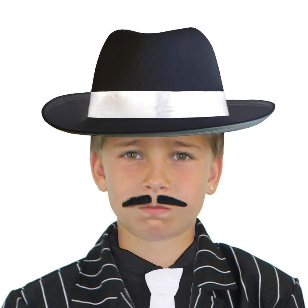 Childs Gangster Hat - Pack of 1 - Black Gangster Trilby with White Band - Kids Mafia Fedora Fancy Dress Costume Accessory